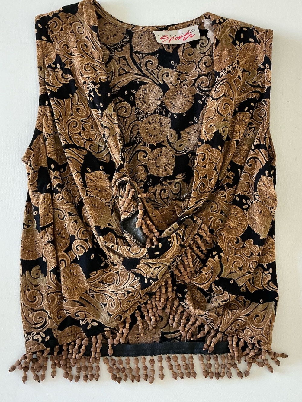 Vintage Tan-Chho Beaded Fringe Vest Black Gold Paisley Boho Statement Piece